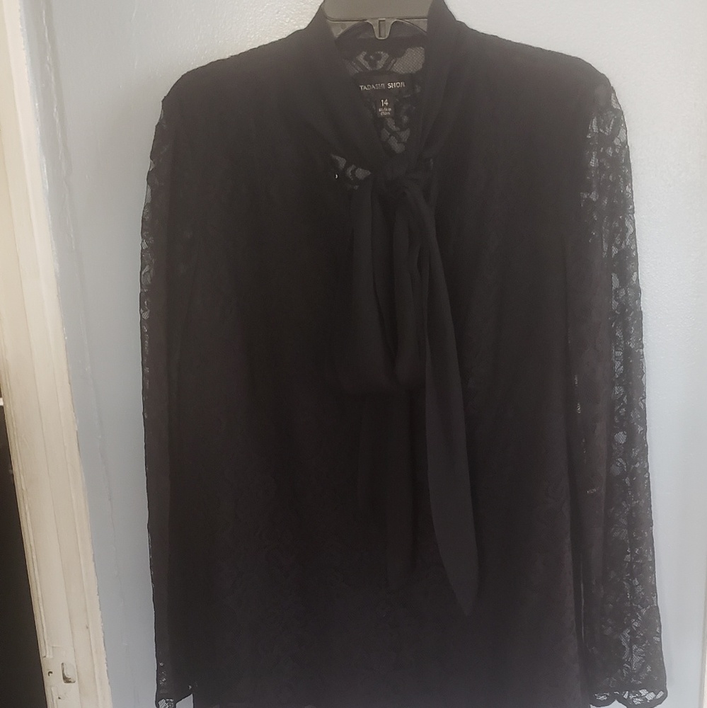 Tadashi Shoji black lace tie neck top